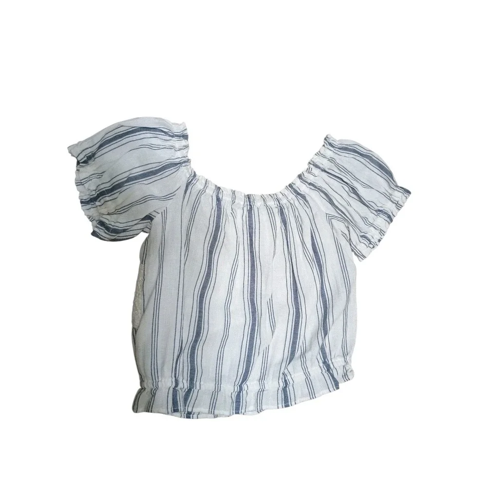 Bershka‎ BSK GIRLS Kids Med Cotton White Blue Striped Peasant Cropped Blouse
